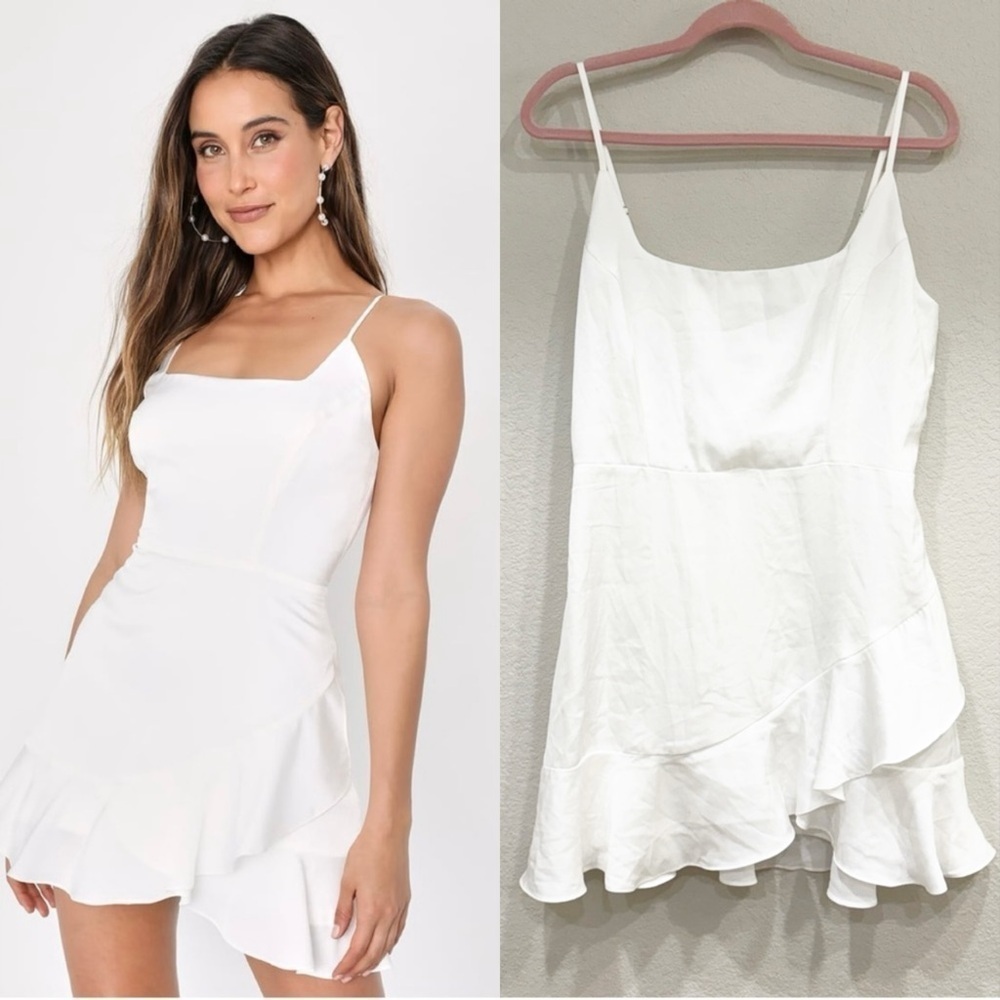 NWOT Lulus Romantic Angel White Satin Square Neck Ruffled Mini‎ Dress